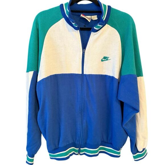 Vintage 80s Nike Blue, White, and Teal Color Block Zip Up Jacket Adult Large